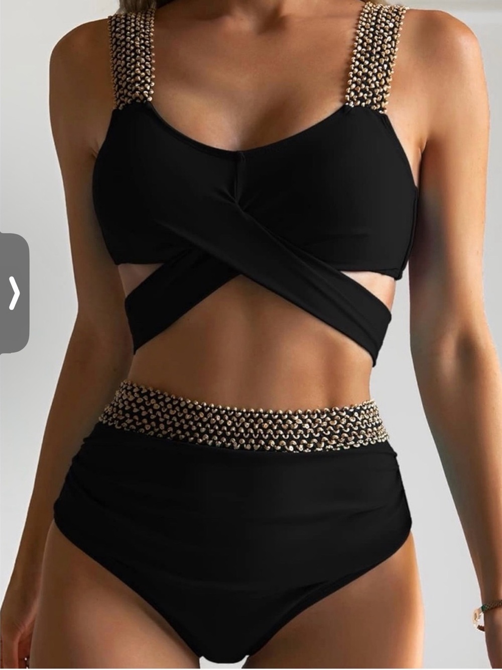 EoMenie XL Teal Tie-Front High-Waist Bikini Set with gold sequin trim
